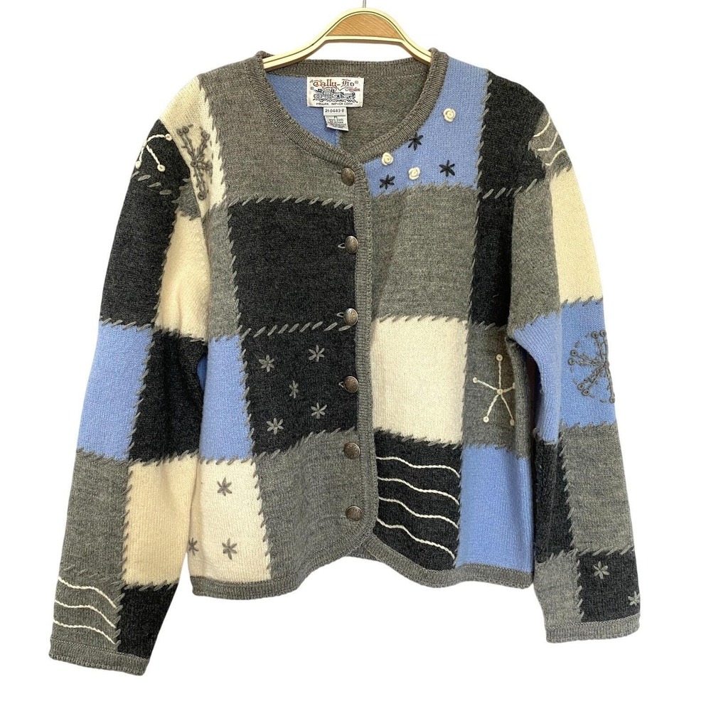 VTG Tally Ho Patchwork Wool Cardigan Ugly Sweater Women PL Gray Blue Whipstitch